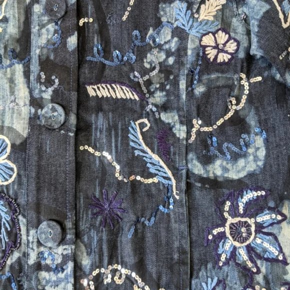 Chico's Collarless Beaded & Embroidered Denim Jacket, Blue / White, Large - Picture 10 of 14